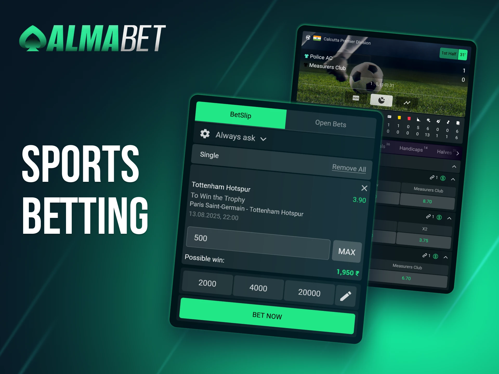 Almabet offers a diverse lineup of sports betting markets.