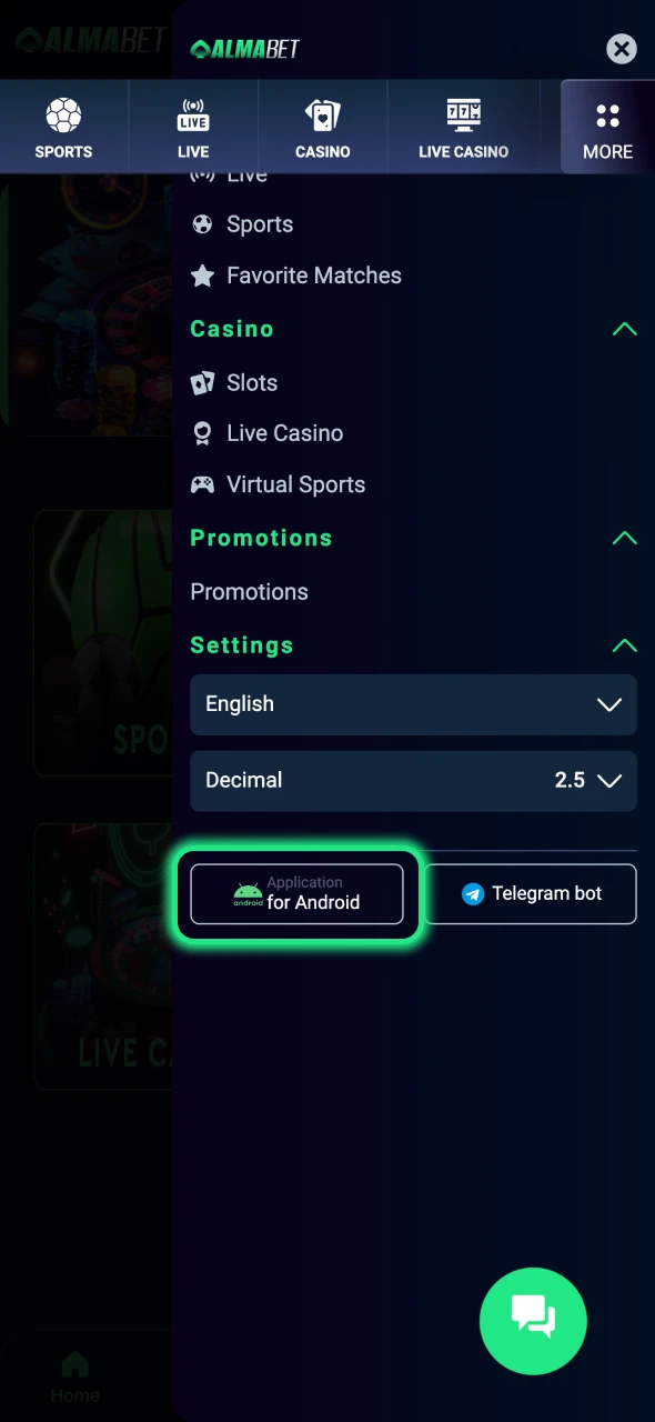 Tap on the Almabet download button to start the process.