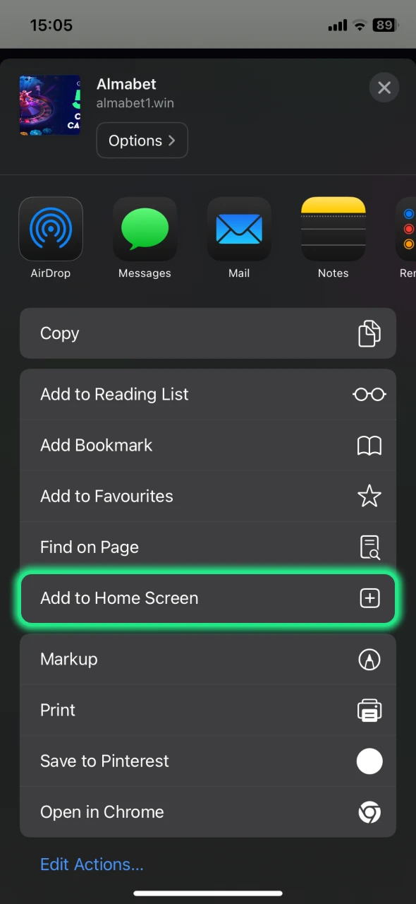 Select add to home screen option to join Almabet.