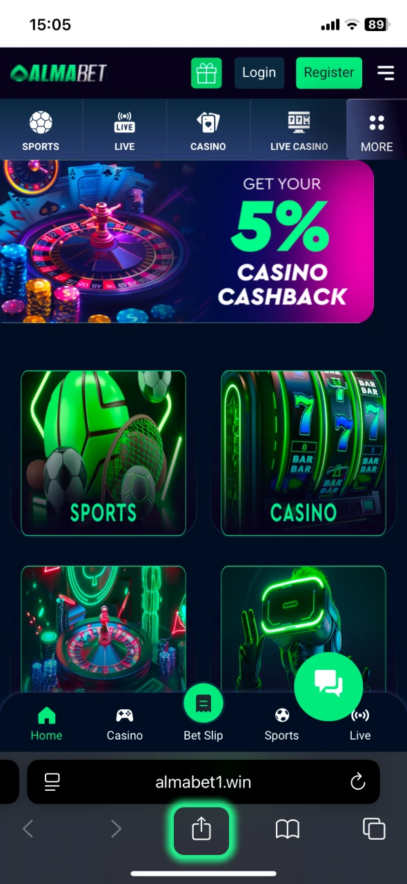 Tap the share icon at the bottom of Almabet website.