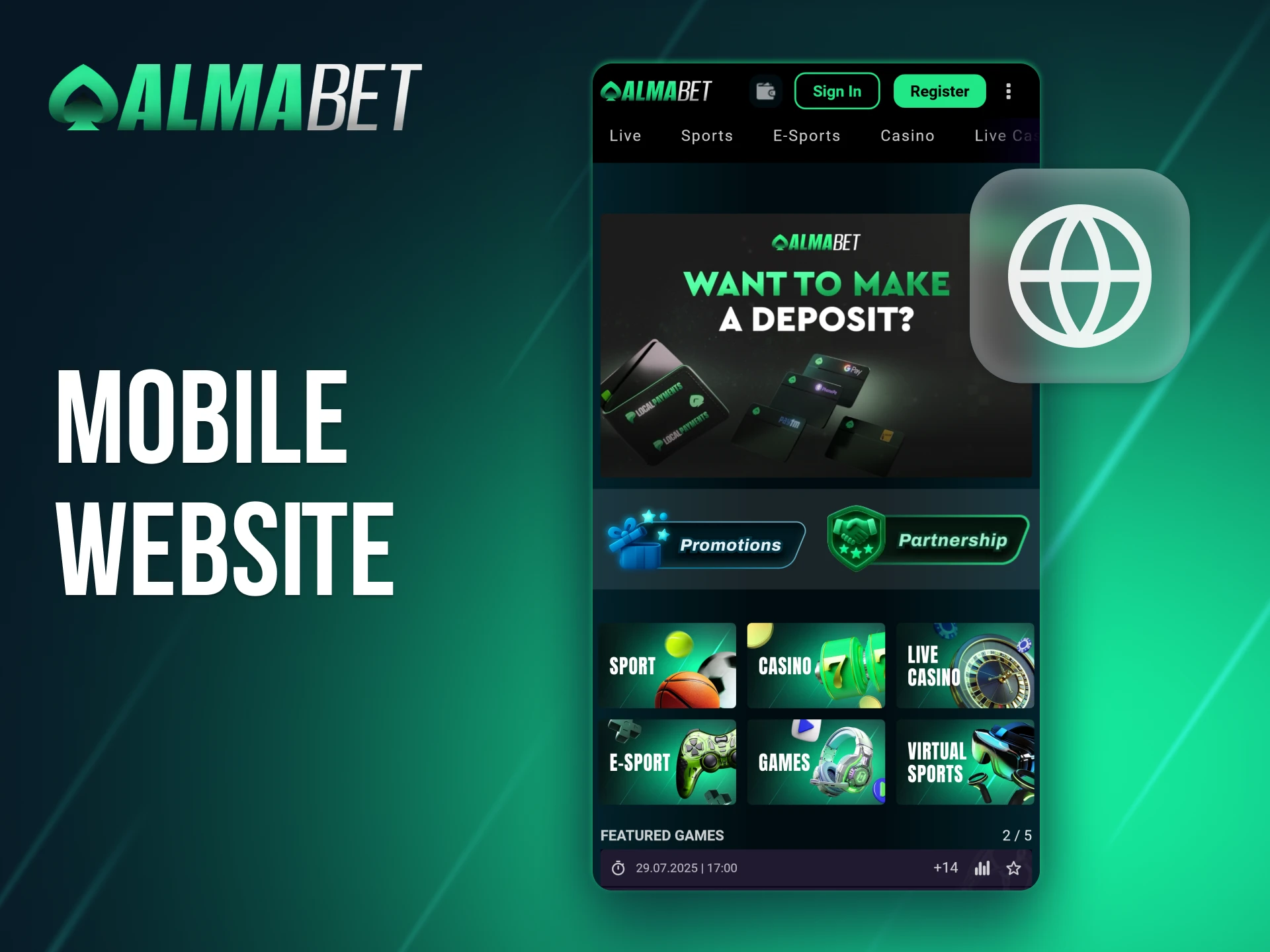 Access the Almabet mobile website on any device or platform.