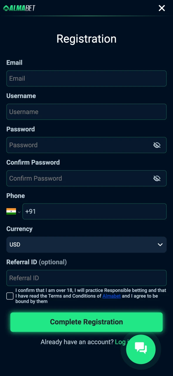 You can register on Almabet through the app.
