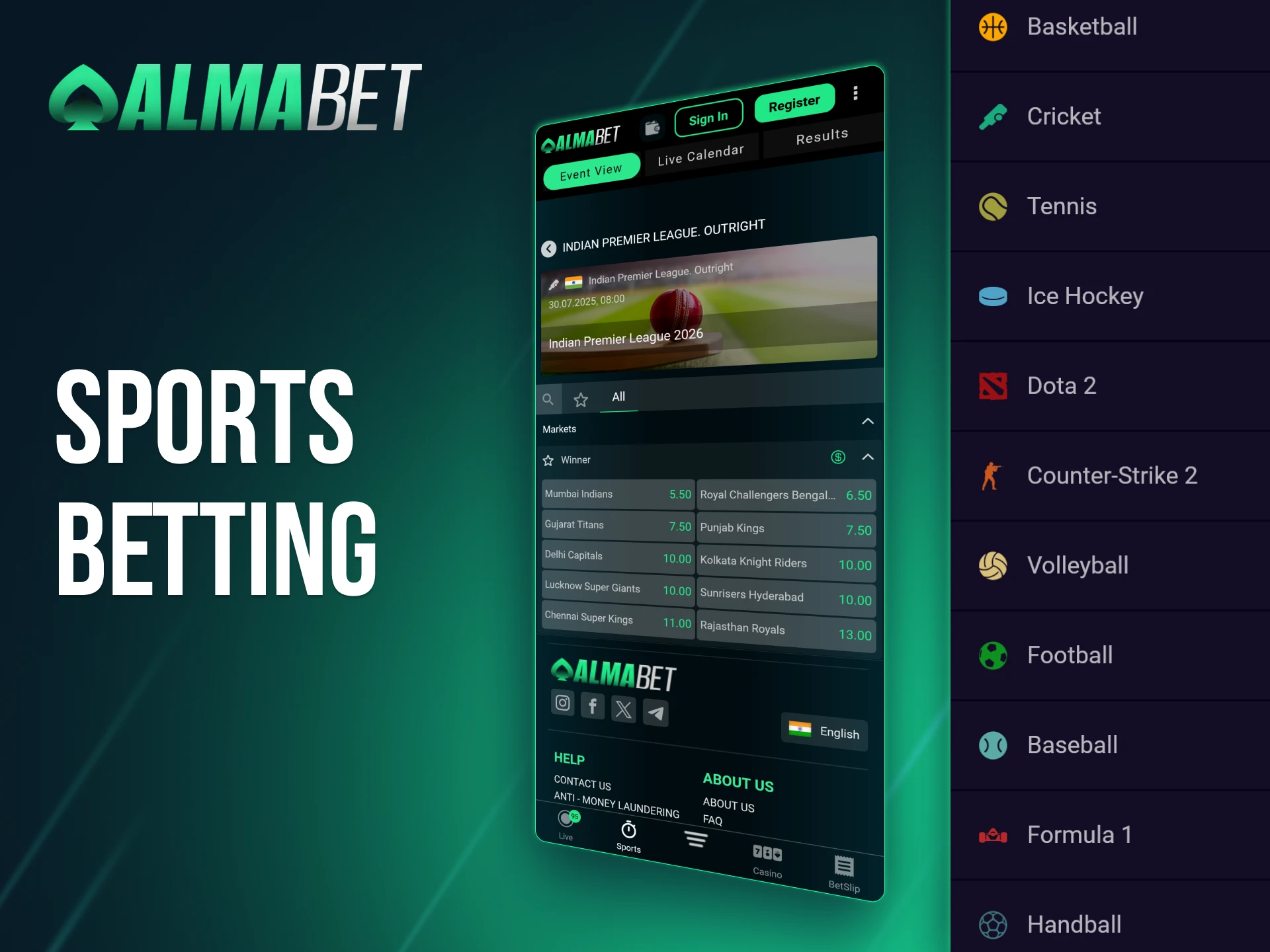 Bet on a wide range of sports using the Almabet app.