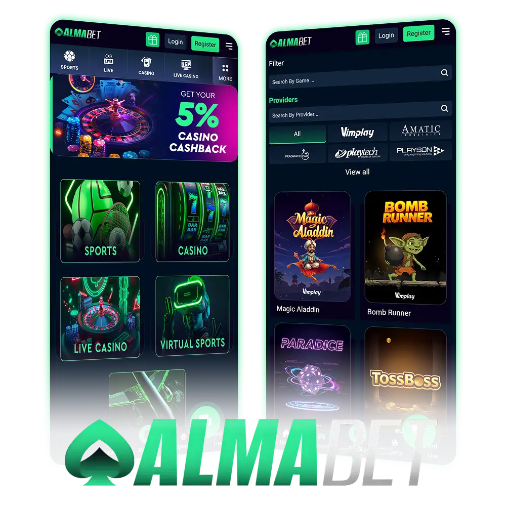 Enjoy sports betting and casino games with Almabet app.