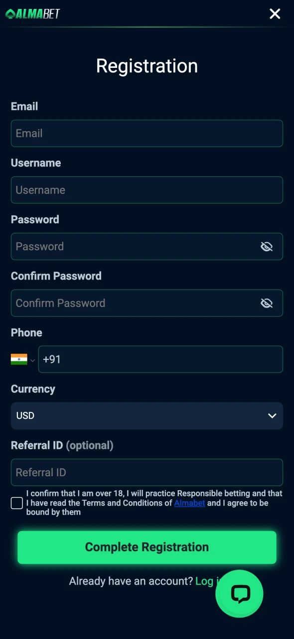 Go through the registration process at Almabet platform.
