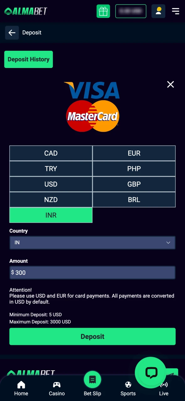 Click on the deposit button to fund your Almabet account.