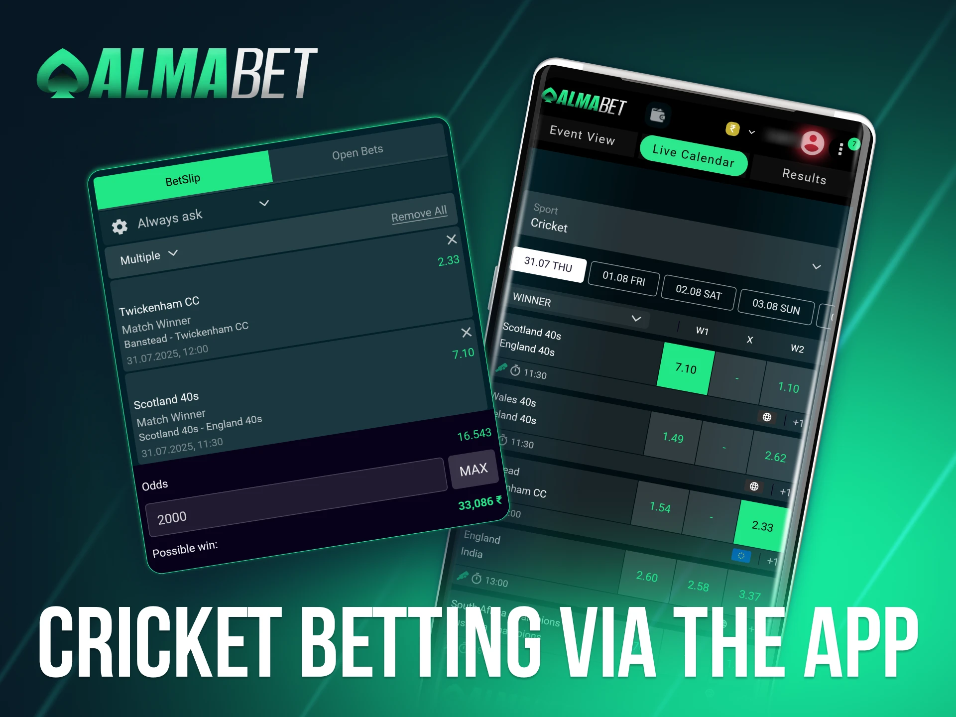 Access all cricket betting features on the go with the Almabet mobile app.