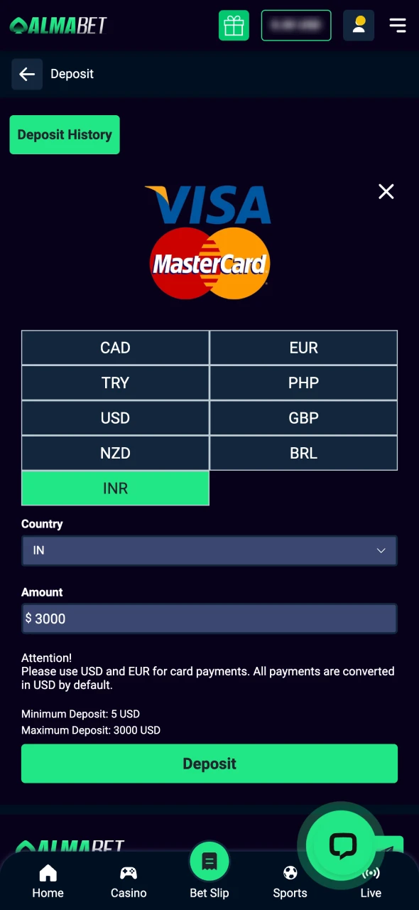 Choose a convenient payment method to deposit at Almabet.