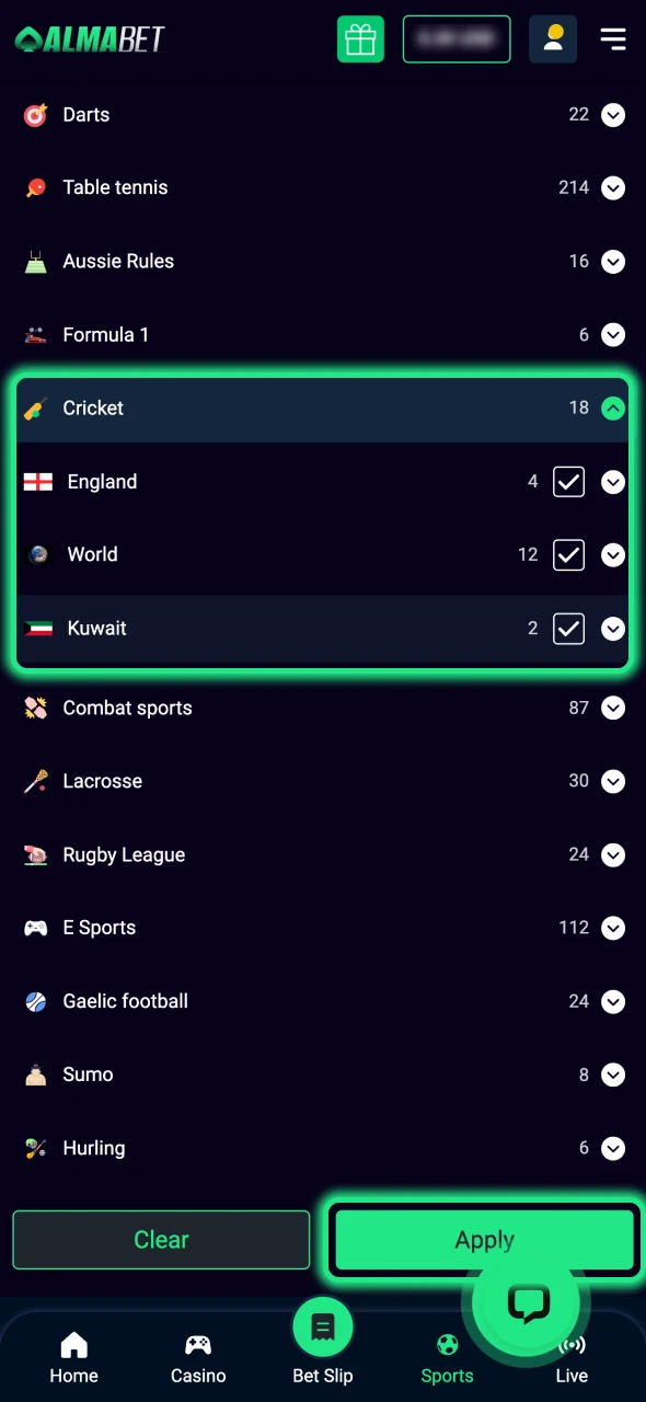 Search for the cricket section at Almabet sports category.