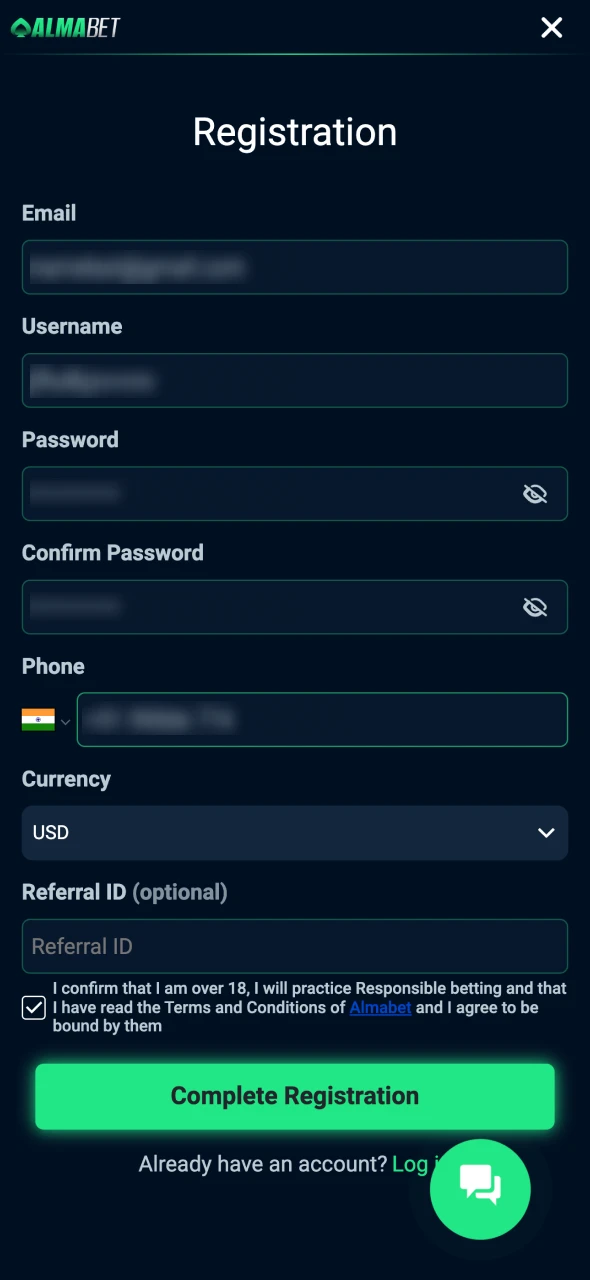 Create a new account at Almabet betting platform.