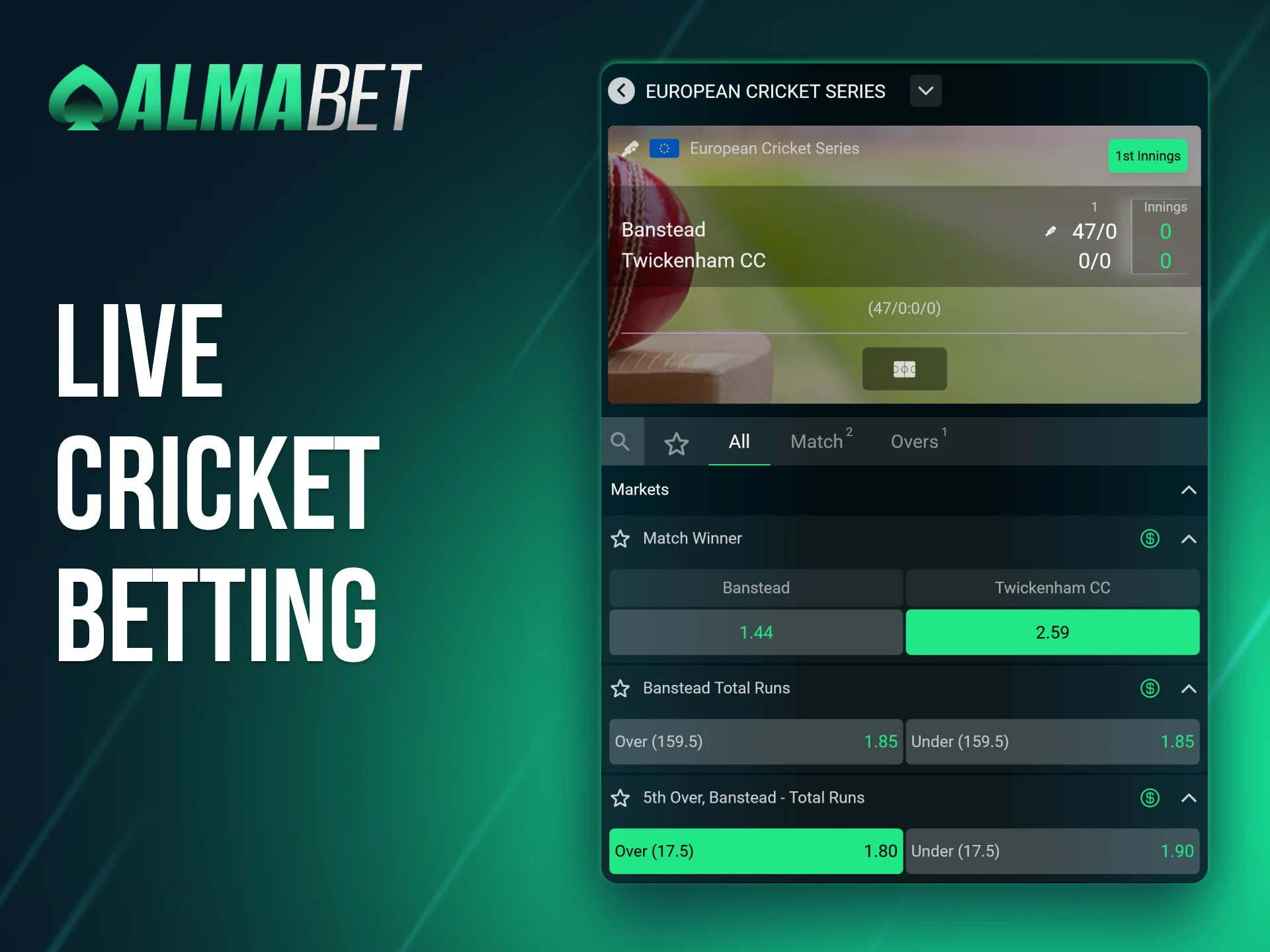 Bet on live cricket matches in real-time at Almabet.