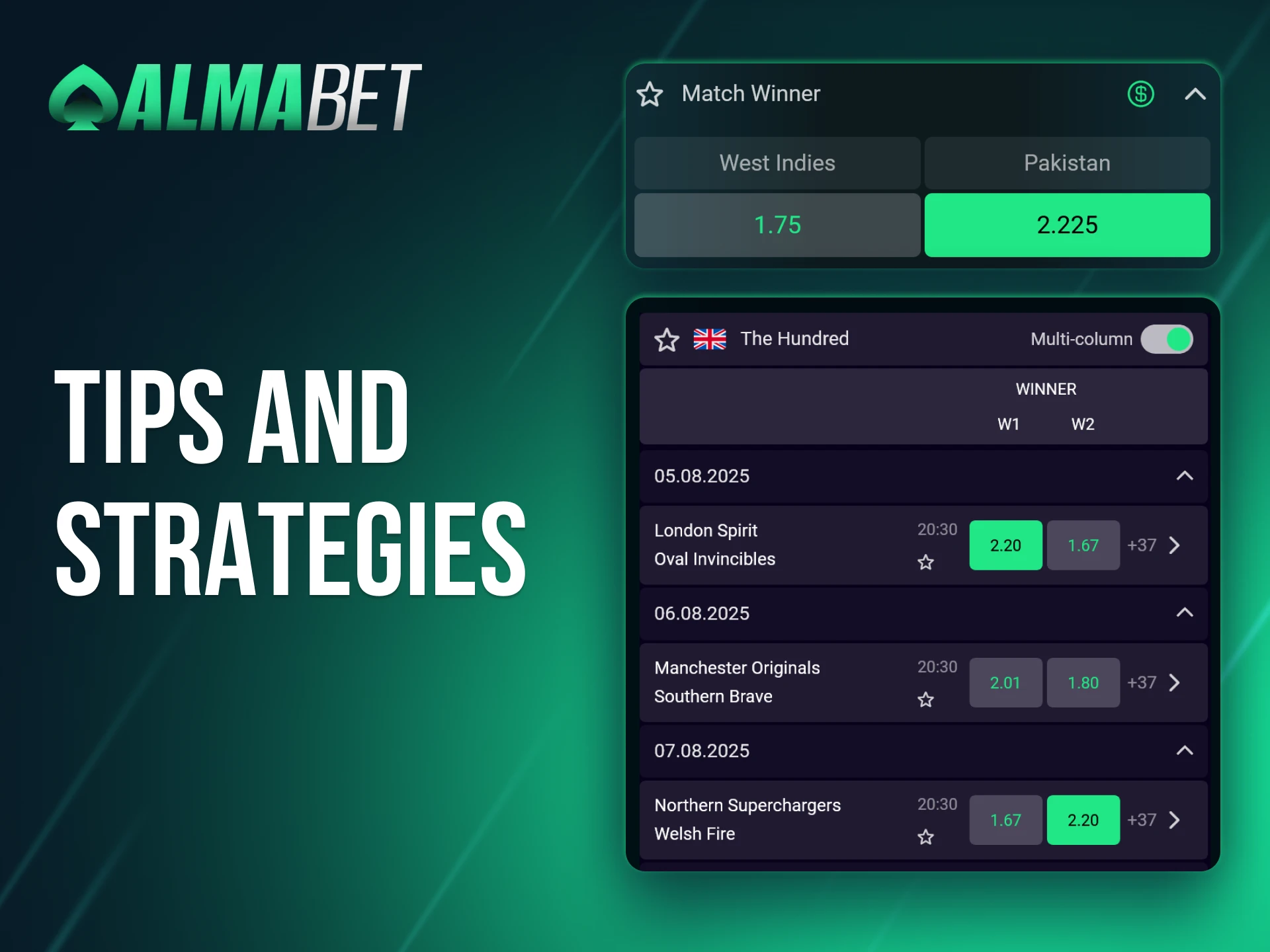 Make smart bets and aim for big wins on with Almabet cricket betting.
