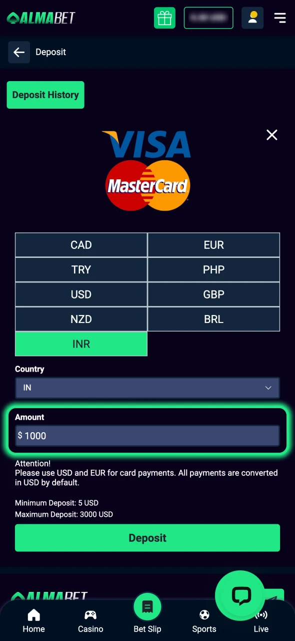 Choose the Almabet deposit payment method and amount.