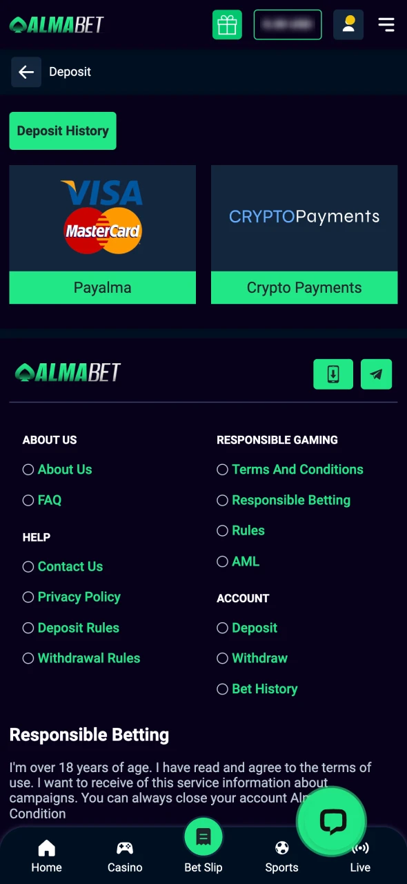 Open the deposit section at Almabet platform.