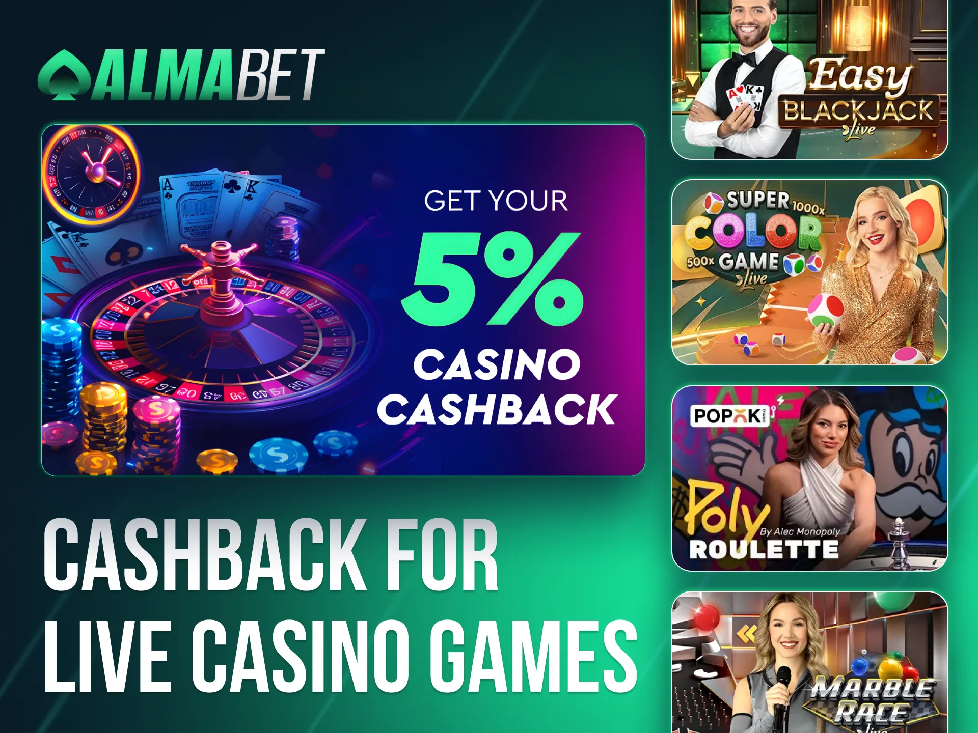 Benefit from cashback bonuses when playing live dealer games at Almabet.