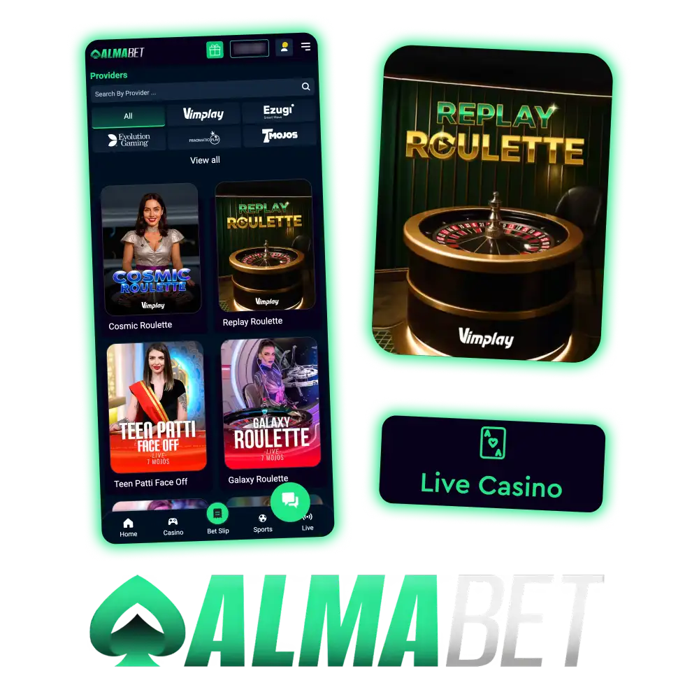 Enjoy live dealer games from top providers at Almabet.