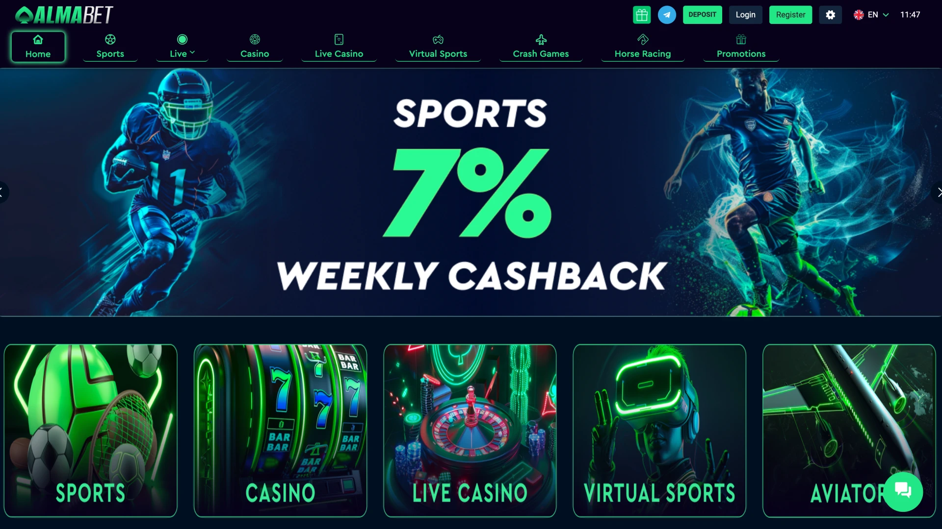 Explore the main page of official Almabet platform.