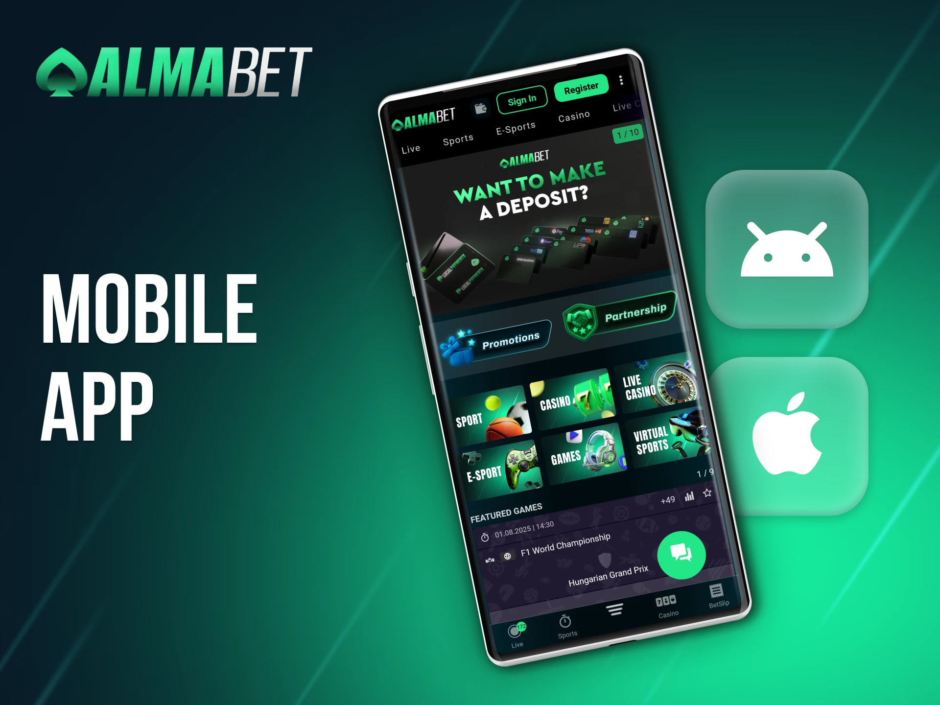 Use the Almabet app on your mobile device.