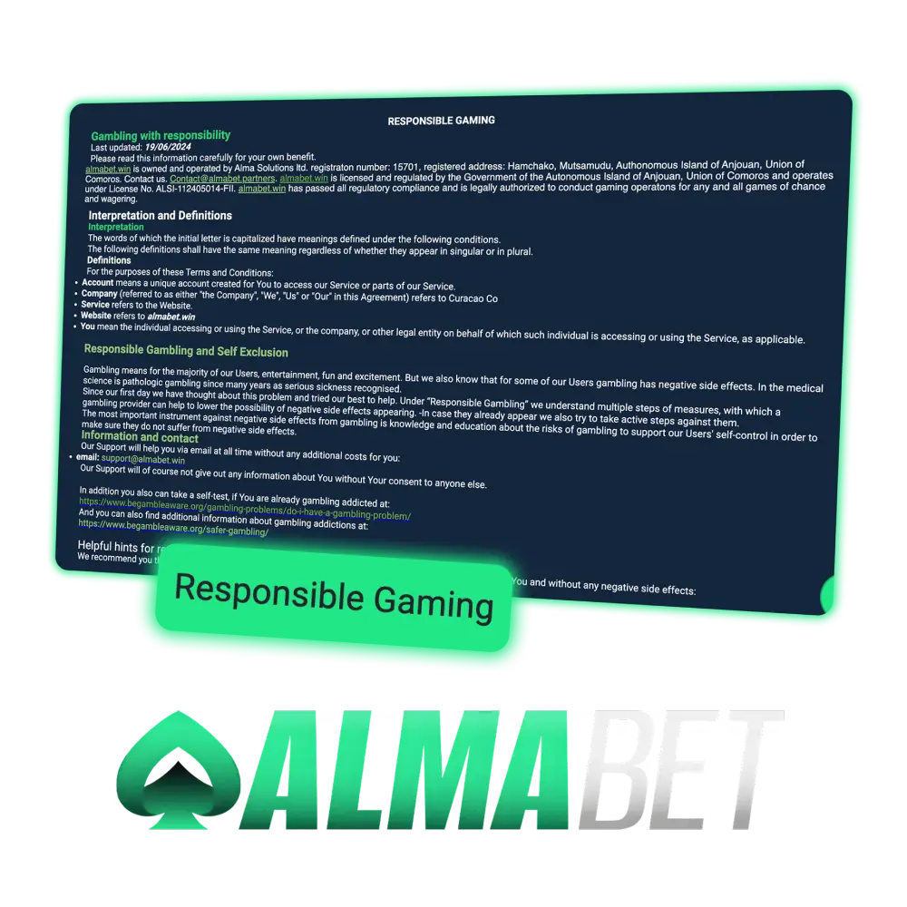 Policies and tools of Almabet responsible gaming promotion.