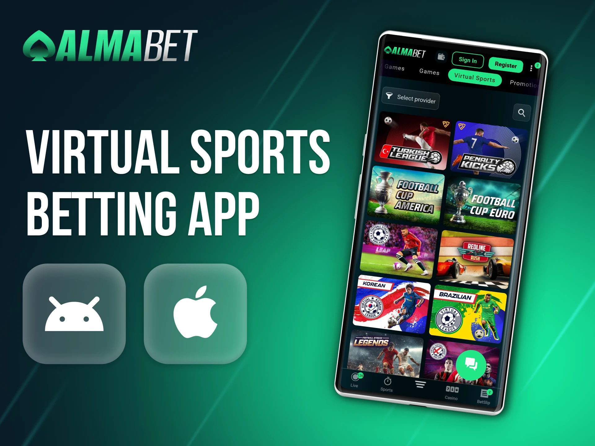 Place your virtual sports bets conveniently through the Almabet mobile app.