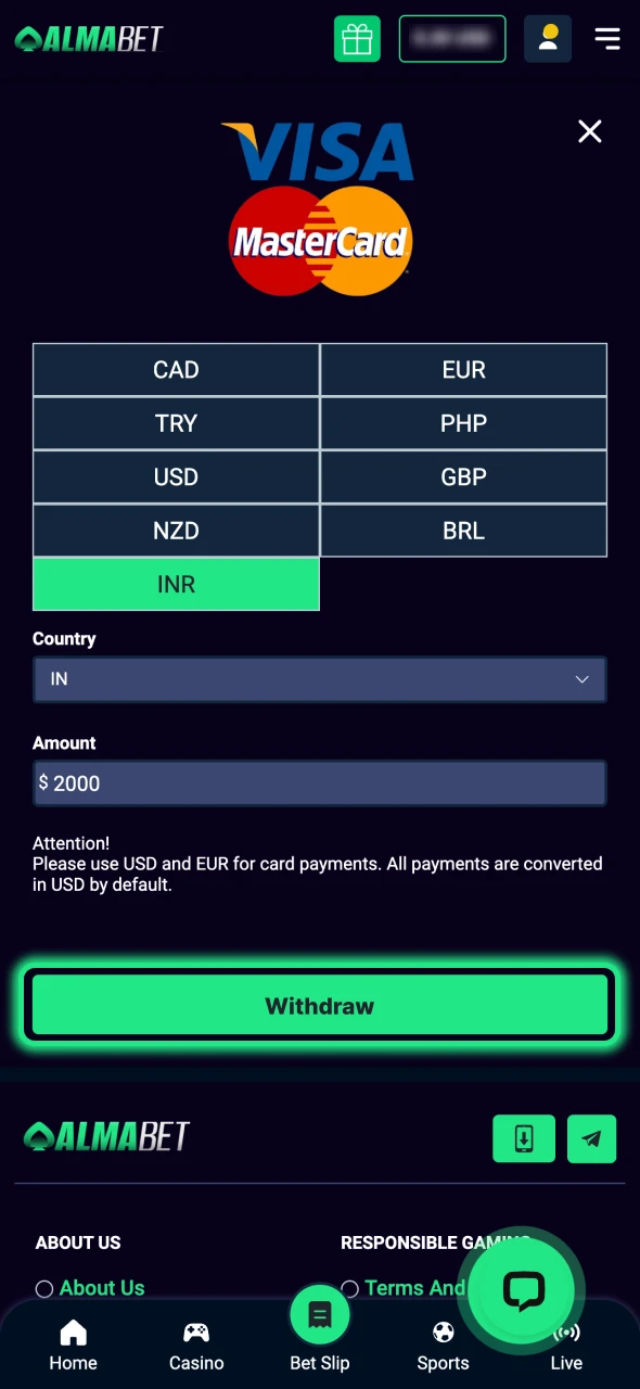 Confirm the withdrawal and complete the instructions at Almabet.