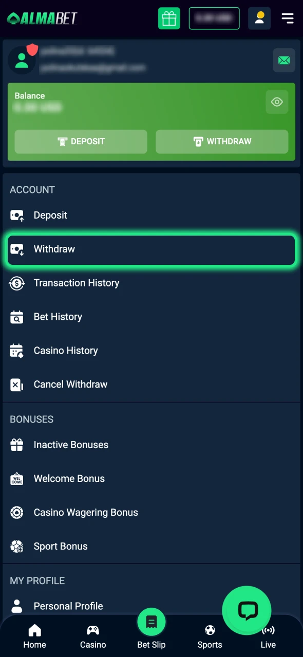 Go to the withdrawal section at your Almabet account.