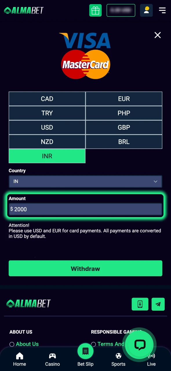 Enter your withdrawal amount at Almabet.